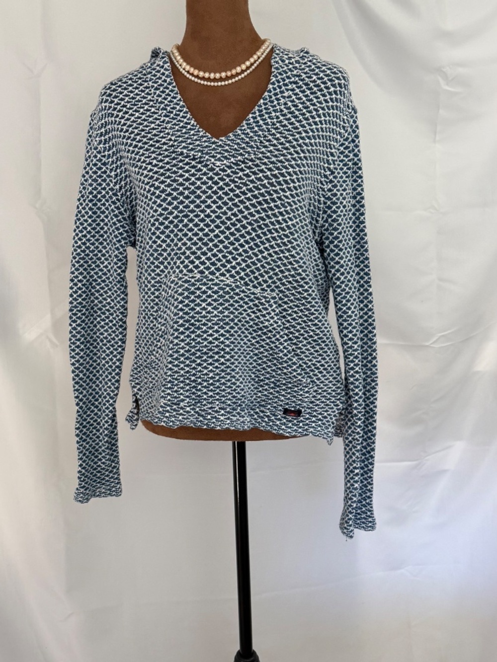 Faherty Whitewater Knit Hoodie Blue White Herringbone Pullover Sweater Size M